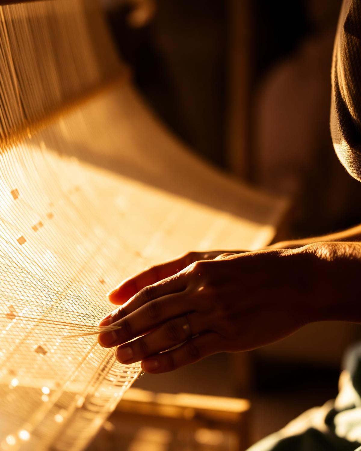 Hands weaving silk in the Jaipur workshop